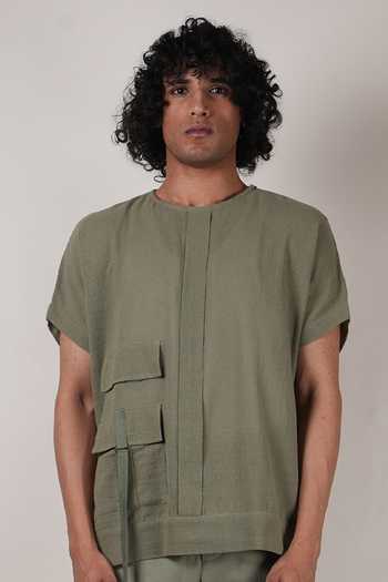 Shop_MATI_Green Cotton Flap Shirt And Pant Co-ord Set _Online_at_Aza_Fashions