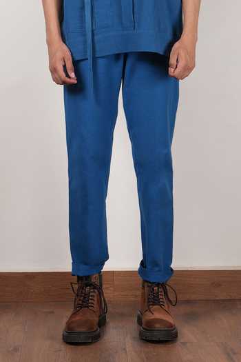 MATI_Blue Cotton Flap Pocket Handspun Shirt And Pant Set _Online_at_Aza_Fashions