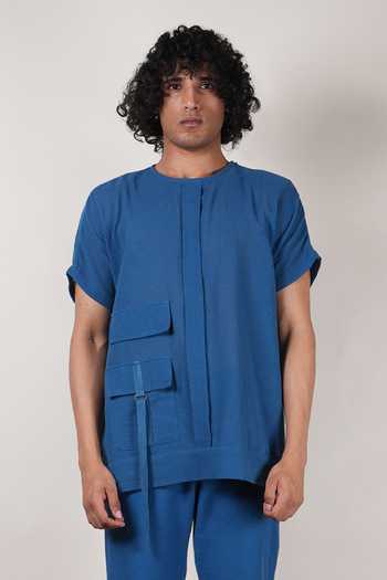 Buy_MATI_Blue Cotton Flap Pocket Handspun Shirt And Pant Set _Online_at_Aza_Fashions