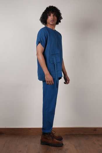 Shop_MATI_Blue Cotton Flap Pocket Handspun Shirt And Pant Set _Online_at_Aza_Fashions