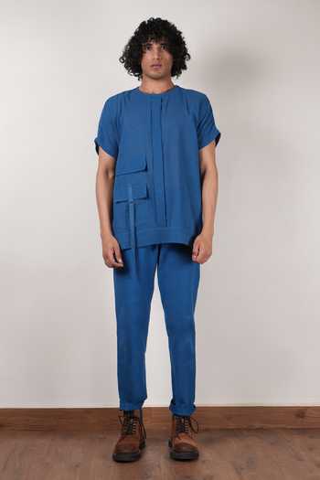 MATI_Blue Cotton Flap Pocket Handspun Shirt And Pant Set _at_Aza_Fashions