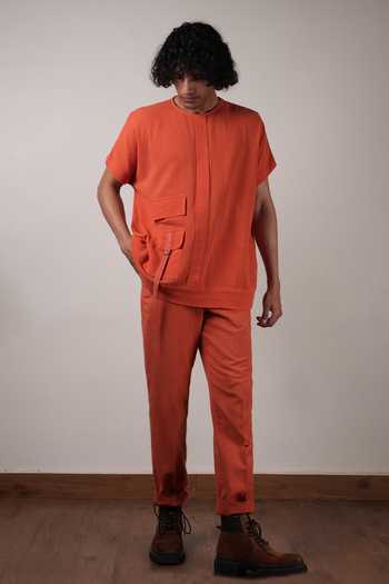 Shop_MATI_Orange Cotton Flap T-shirt And Pant Co-ord Set _Online_at_Aza_Fashions