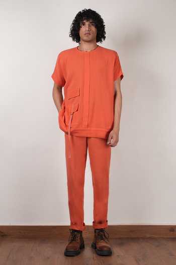 MATI_Orange Cotton Flap T-shirt And Pant Co-ord Set _at_Aza_Fashions