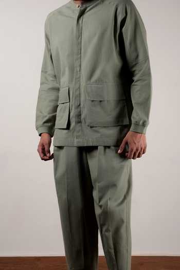 MATI Green Cotton Handwoven Safari Pocket Shirt at Aza Fashions MATI_Green Cotton Handwoven Safari Pocket Shirt _at_Aza_Fashions
