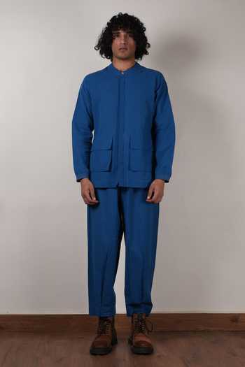 MATI Blue Cotton Handwoven Safari Pocket Shirt Online at Aza Fashions MATI_Blue Cotton Handwoven Safari Pocket Shirt _Online_at_Aza_Fashions