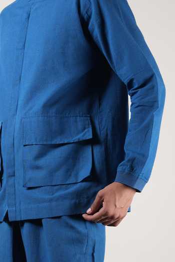 Buy MATI Blue Cotton Handwoven Safari Pocket Shirt Buy_MATI_Blue Cotton Handwoven Safari Pocket Shirt