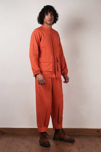 MATI_Rust Cotton Handwoven Safari Pocket Shirt _at_Aza_Fashions