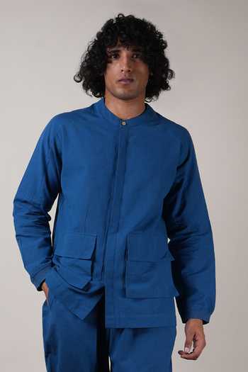 MATI_Blue Cotton Safari Handspun Shirt And Pant Set _Online_at_Aza_Fashions