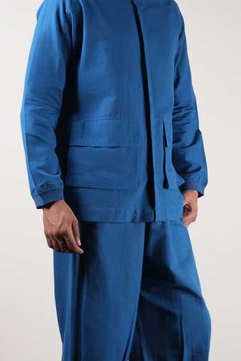 MATI_Blue Cotton Safari Handspun Shirt And Pant Set _at_Aza_Fashions