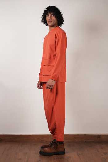 Buy_MATI_Rust Cotton Safari Shirt And Pant Co-ord Set _Online_at_Aza_Fashions