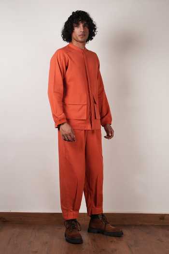 MATI_Rust Cotton Safari Shirt And Pant Co-ord Set _at_Aza_Fashions