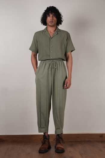 MATI_Green Cotton Handspun Cuban Collar Shirt _Online_at_Aza_Fashions