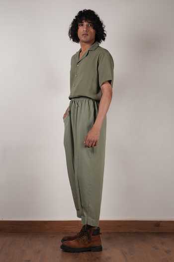 Buy_MATI_Green Cotton Handspun Cuban Collar Shirt _Online_at_Aza_Fashions