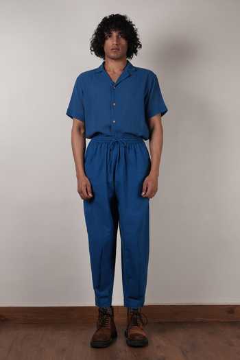 Buy_MATI_Blue Cotton Handspun Cuban Collar Half Sleeve Shirt _Online_at_Aza_Fashions