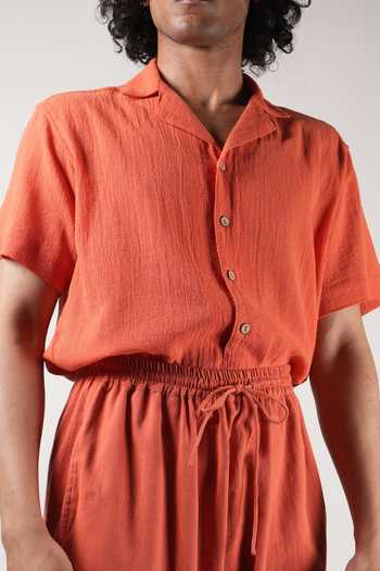 MATI_Rust Cotton Handspun Cuban Collar Shirt _Online_at_Aza_Fashions