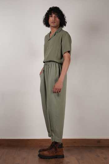 MATI_Olive Green Cotton Cuban Collar Shirt And Pant Co-ord Set _Online_at_Aza_Fashions