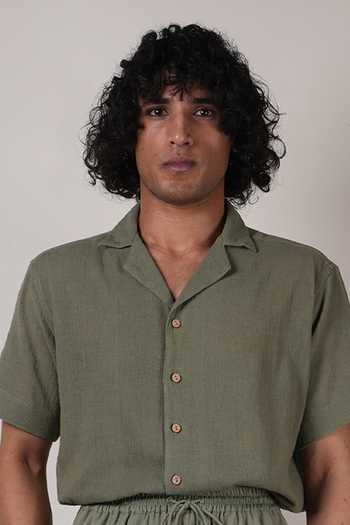 Buy_MATI_Olive Green Cotton Cuban Collar Shirt And Pant Co-ord Set _Online_at_Aza_Fashions