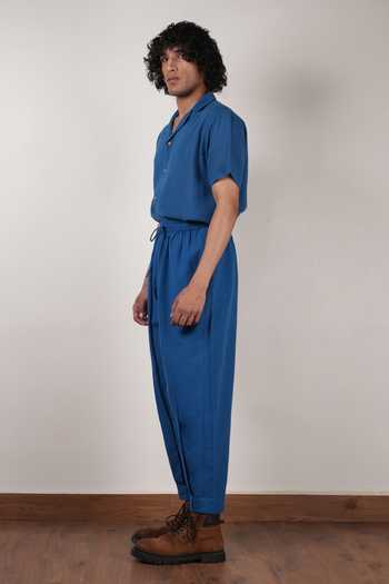 MATI_Blue Cotton Cuban Collar Shirt And Pant Co-ord Set _Online_at_Aza_Fashions