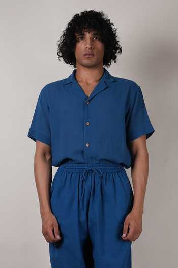 Shop_MATI_Blue Cotton Cuban Collar Shirt And Pant Co-ord Set _Online_at_Aza_Fashions