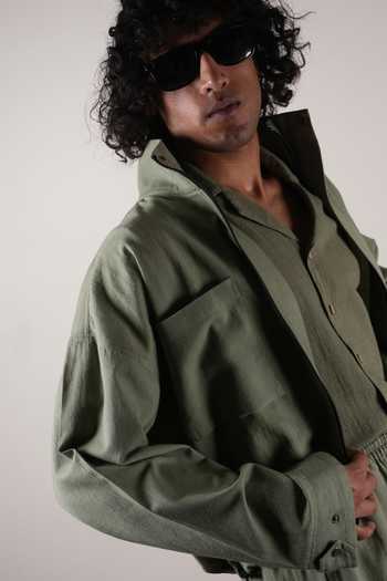 Buy MATI Green Cotton Handwoven Safari Crop Jacket Buy_MATI_Green Cotton Handwoven Safari Crop Jacket