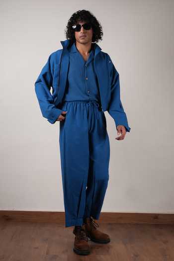 MATI_Blue Cotton Handwoven Safari Crop Jacket _Online_at_Aza_Fashions