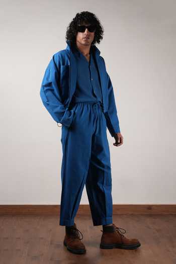 Shop_MATI_Blue Cotton Handwoven Safari Crop Jacket _Online_at_Aza_Fashions