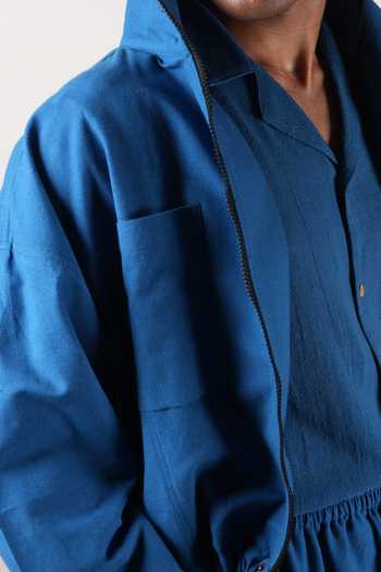 MATI_Blue Cotton Handwoven Safari Crop Jacket _at_Aza_Fashions