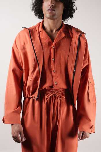 Buy_MATI_Rust Cotton Handwoven Safari Crop Jacket _Online_at_Aza_Fashions