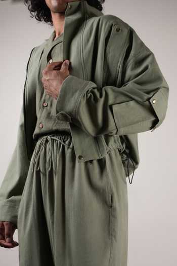 MATI_Olive Green Cotton Safari Crop Jacket And Pant Co-ord Set _Online_at_Aza_Fashions