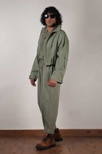 Shop_MATI_Olive Green Cotton Safari Crop Jacket And Pant Co-ord Set _Online_at_Aza_Fashions