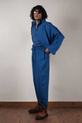 Shop_MATI_Blue Cotton Safari Crop Jacket And Pant Co-ord Set _Online_at_Aza_Fashions