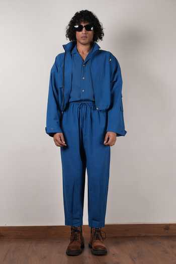 MATI_Blue Cotton Safari Crop Jacket And Pant Co-ord Set _at_Aza_Fashions