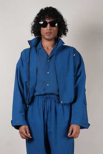 Shop_MATI_Blue Cotton Safari Crop Jacket And Pant Co-ord Set 