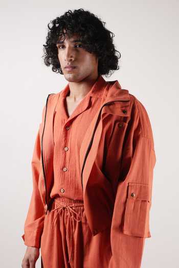 MATI_Rust Cotton Safari Crop Jacket And Pant Co-ord Set _at_Aza_Fashions