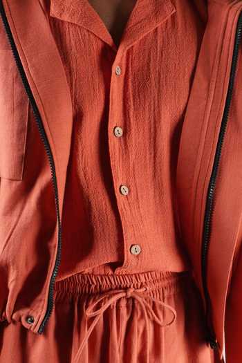 Shop_MATI_Rust Cotton Safari Crop Jacket And Pant Co-ord Set 
