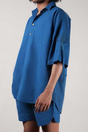 Shop_MATI_Blue Cotton Handwoven Oversized T-shirt 