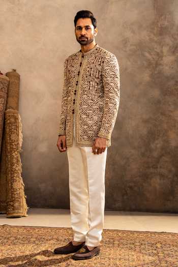 Buy_Millionaire_Off White Georgette Embroidery Motif Bandhgala With Trouser _Online_at_Aza_Fashions
