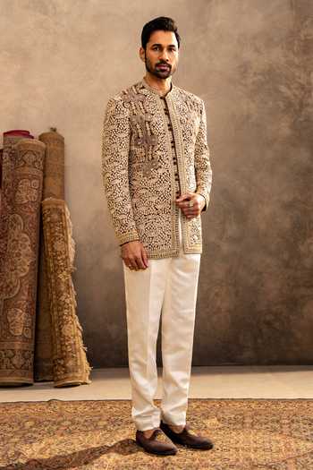 Shop_Millionaire_Off White Georgette Embroidery Motif Bandhgala With Trouser _Online_at_Aza_Fashions