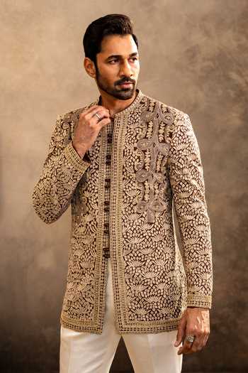 Buy_Millionaire_Off White Georgette Embroidery Motif Bandhgala With Trouser 