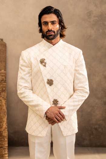 Buy_Millionaire_Beige Viscose Embroidery, Brooches Placed Embellished Jodhpuri And Trouser Set _Online_at_Aza_Fashions