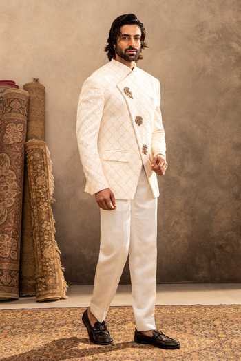 Shop_Millionaire_Beige Viscose Embroidery, Brooches Placed Embellished Jodhpuri And Trouser Set _Online_at_Aza_Fashions