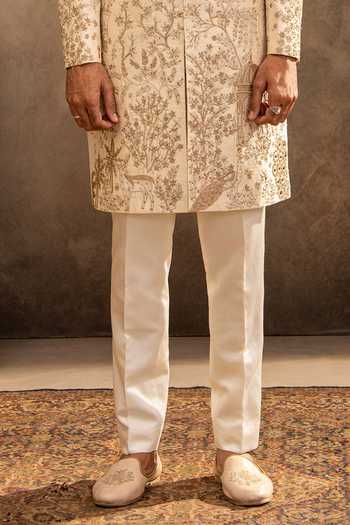 Millionaire_Cream Silk Embroidery, Zari Floral Raw Sherwani Set _Online_at_Aza_Fashions