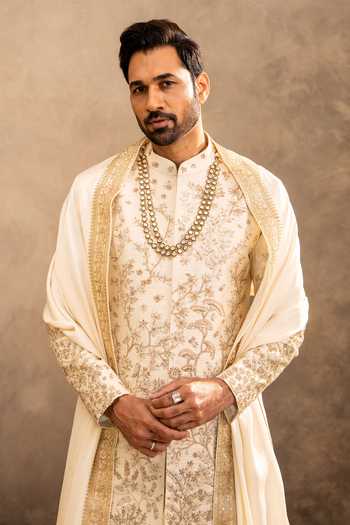 Buy_Millionaire_Cream Silk Embroidery, Zari Floral Raw Sherwani Set _Online_at_Aza_Fashions