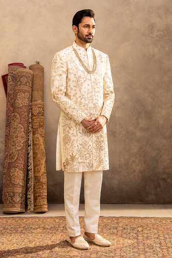 Shop_Millionaire_Cream Silk Embroidery, Zari Floral Raw Sherwani Set _Online_at_Aza_Fashions