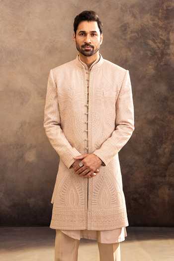 Buy_Millionaire_Rose Gold Silk Embroidery Tonal Sherwani Set _Online_at_Aza_Fashions