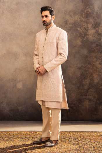 Shop_Millionaire_Rose Gold Silk Embroidery Tonal Sherwani Set _Online_at_Aza_Fashions