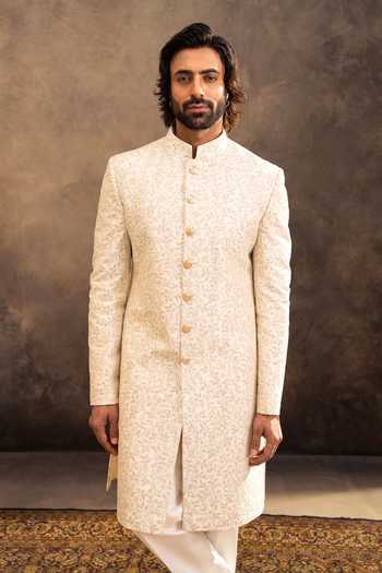 Buy_Millionaire_Cream Silk Embroidery Tonal Raw Sherwani Set _Online_at_Aza_Fashions