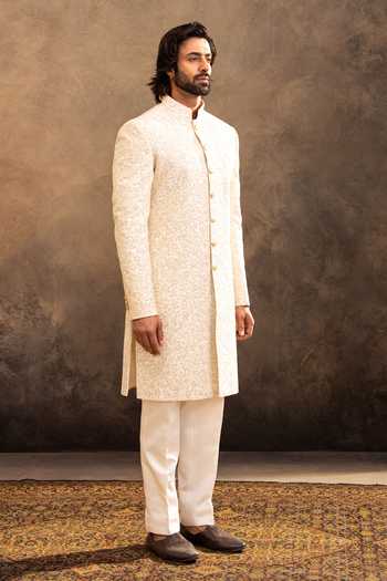 Shop_Millionaire_Cream Silk Embroidery Tonal Raw Sherwani Set _Online_at_Aza_Fashions