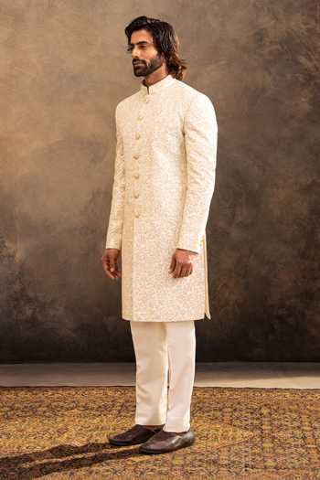 Millionaire_Cream Silk Embroidery Tonal Raw Sherwani Set _at_Aza_Fashions