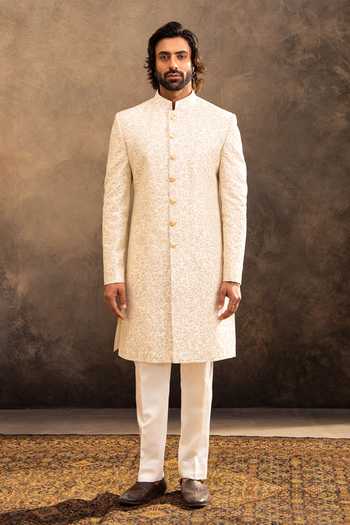 Buy_Millionaire_Cream Silk Embroidery Tonal Raw Sherwani Set 